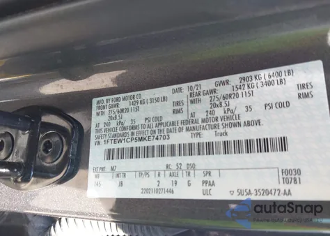 2021 Ford F-150 Xl из США, поврежденный, VIN 1FTEW1CP5MKE74703